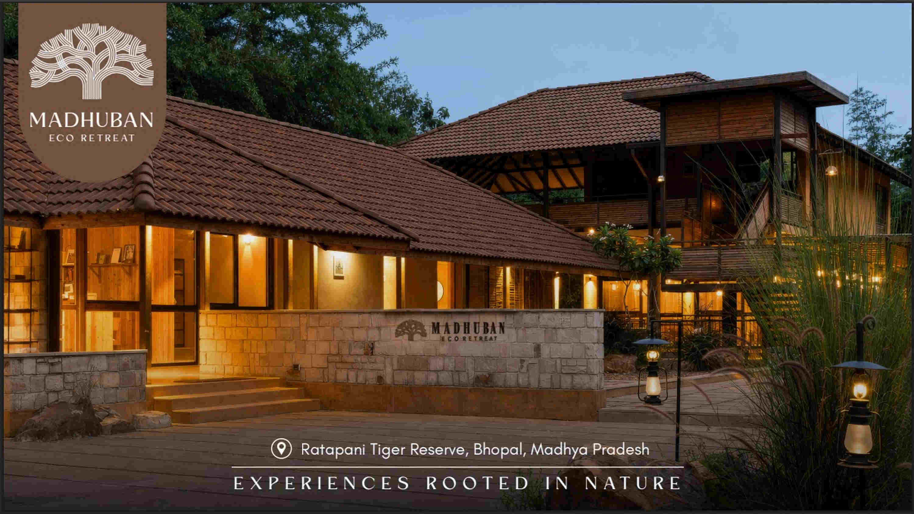 Madhuban Eco Retreat lodge exterior at dusk, Ratapani Tiger Reserve, Bhopal
